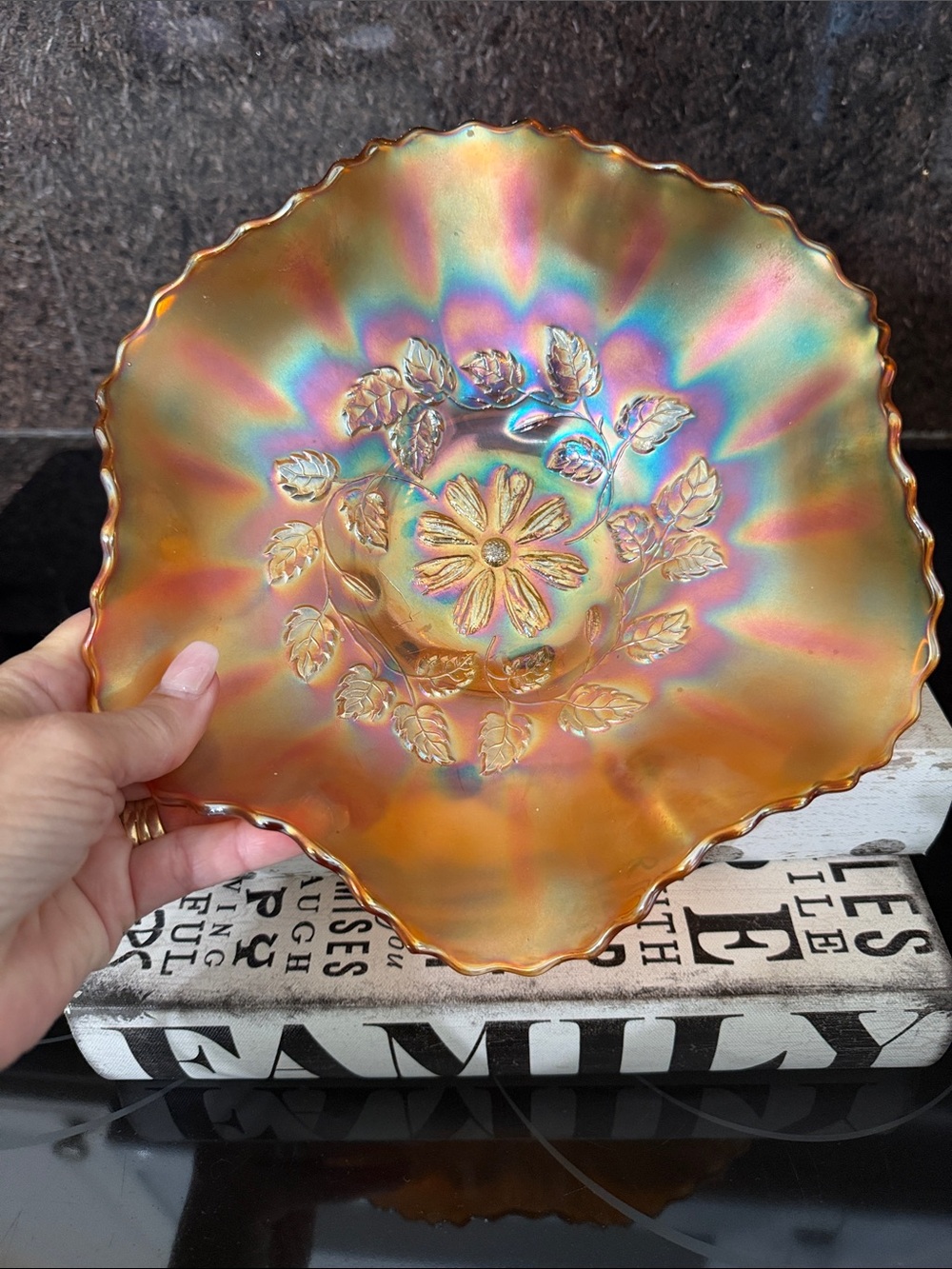 Vintage Dugan Cosmos Marigold  Carnival Glass Ruffled Bowl - Iridescent Floral